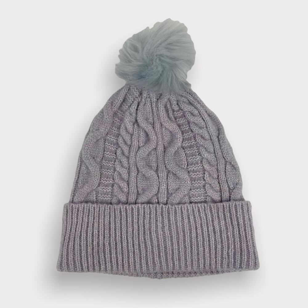 Save The Ocean Faux Fur Pompom Cable Knit Beanie In Lilac NEW